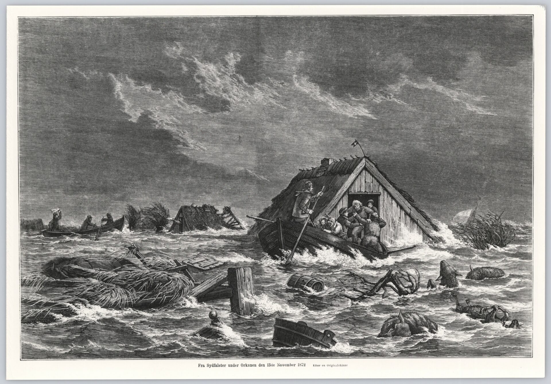 Tegning af oversvømmede huse i 1872